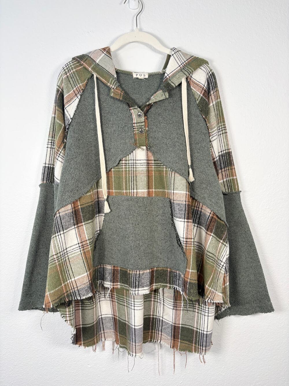 POL Boho Green Patchwork Plaid Long Sleeve Hooded Henley Pullover Sweatshirt